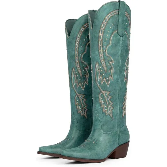 Women's Blue Knee High Rhinestone Cowgirl Boots Pointed Toe Slip on Chunky Heel - Picture 5 of 6